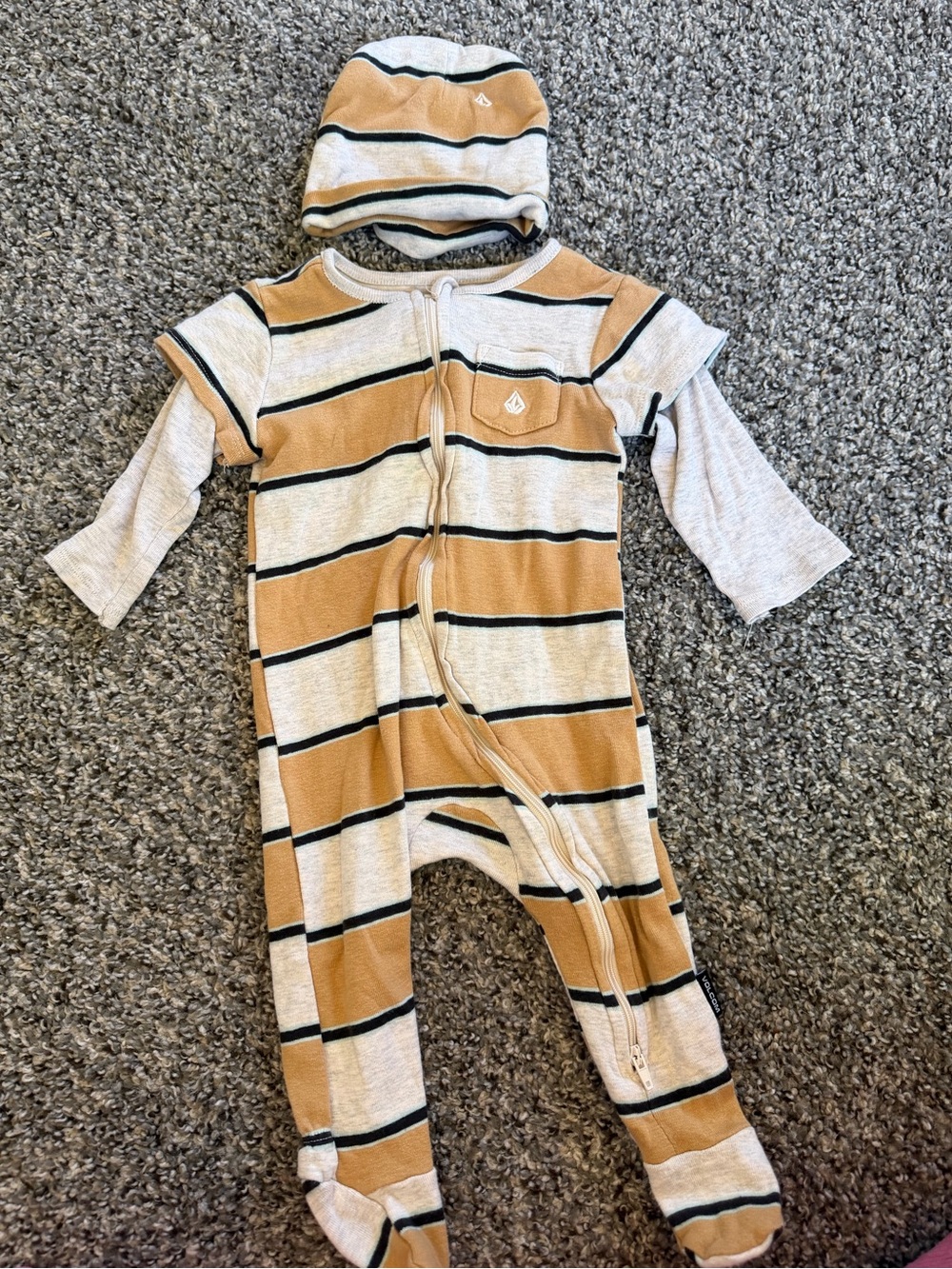 Volcom Striped Baby One-Piece Outfit with Beanie - Tan & Cream